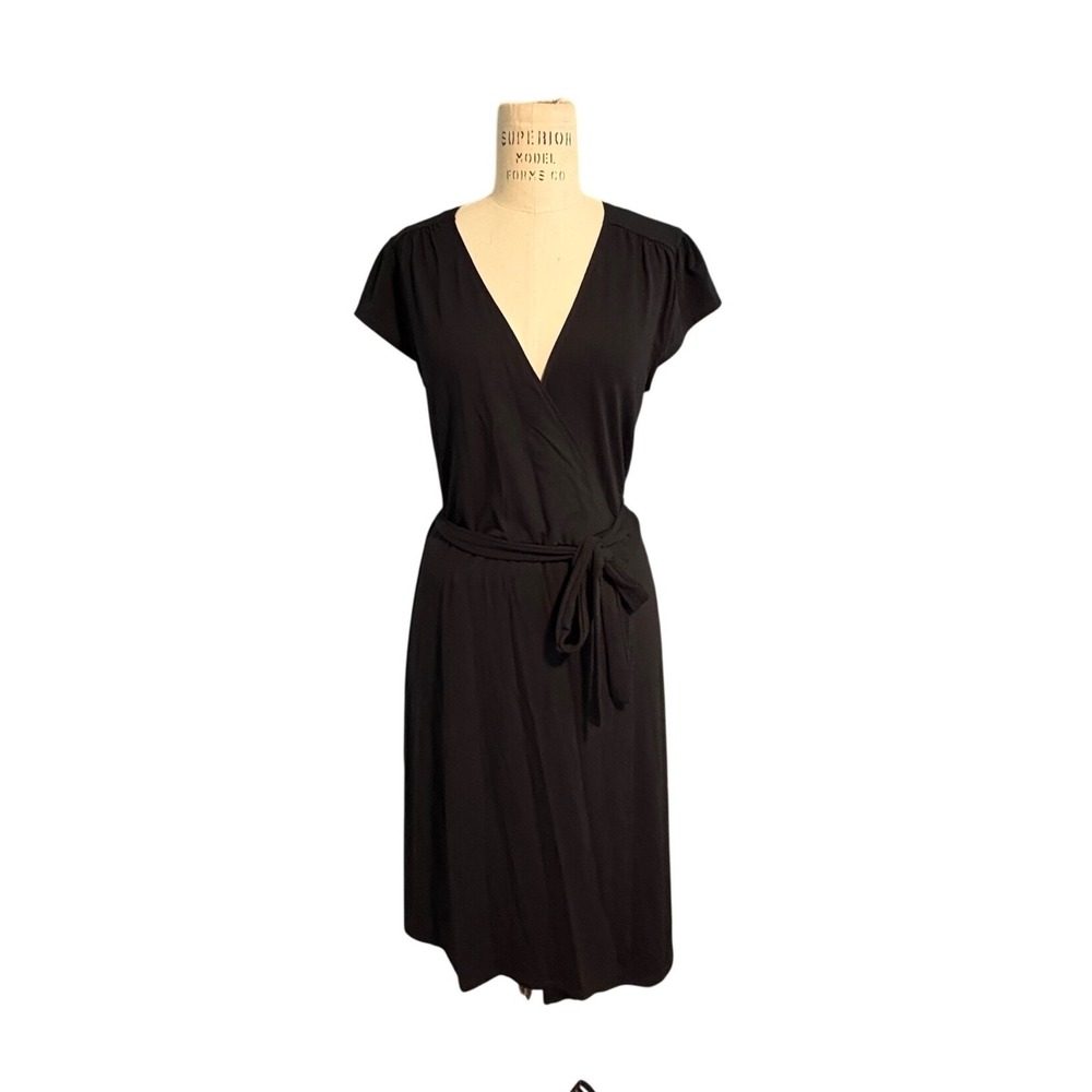 Old Navy Womens Black Short Sleeve V-Neck Wrap Tie Waist Knee Length Dress M